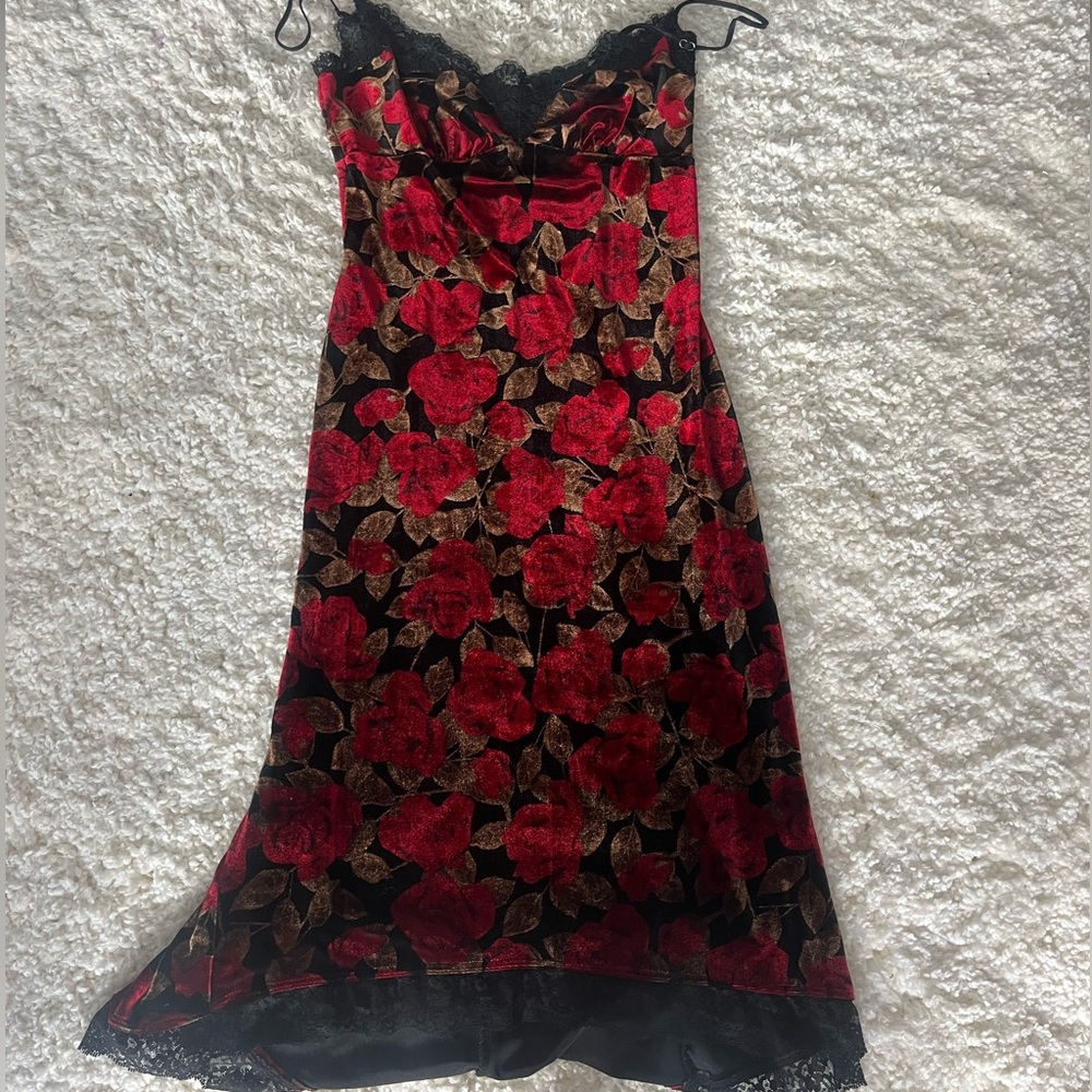 RARE Betsey Johnson Velvet Rose Dress M 90s Grunge Midi